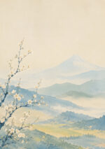 桜の枝越しに霞む富士と山並みを淡彩で描いた春の風景アートパネル