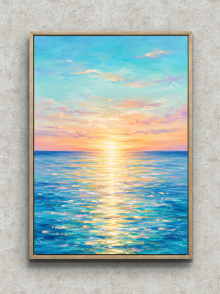 夕日が海面にまっすぐ映る海の風景を描いた縦構図の抽象 インテリアアート フレーム設置イメージ