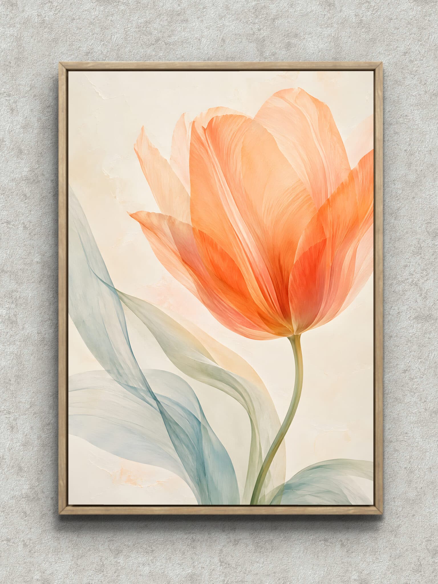 sheer-orange-petal-botanical-interior-art-main-1-ma-10752.jpg 透けるコーラルオレンジの花びらと淡い葉が流れる植物 インテリアアート フレーム設置イメージ