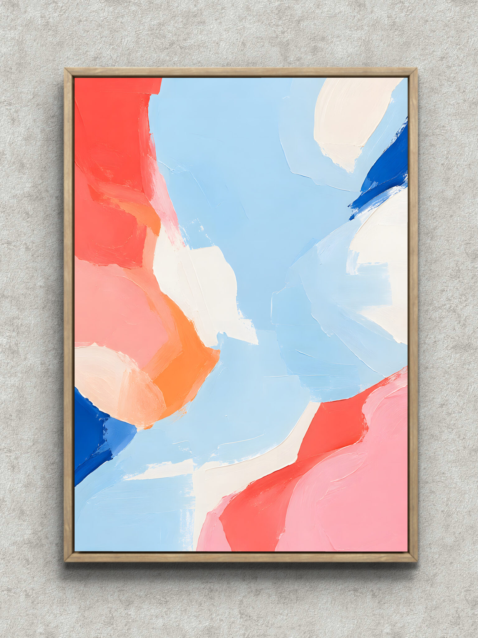 sky-blue-coral-abstract-interior-art-main-1-ma-10623.jpg 水色の余白にコーラルピンクと青が重なる抽象 インテリアアート フレーム設置イメージ