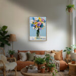 リビングに飾った淡い水色の花束モチーフの植物 インテリアアート 設置イメージ 5