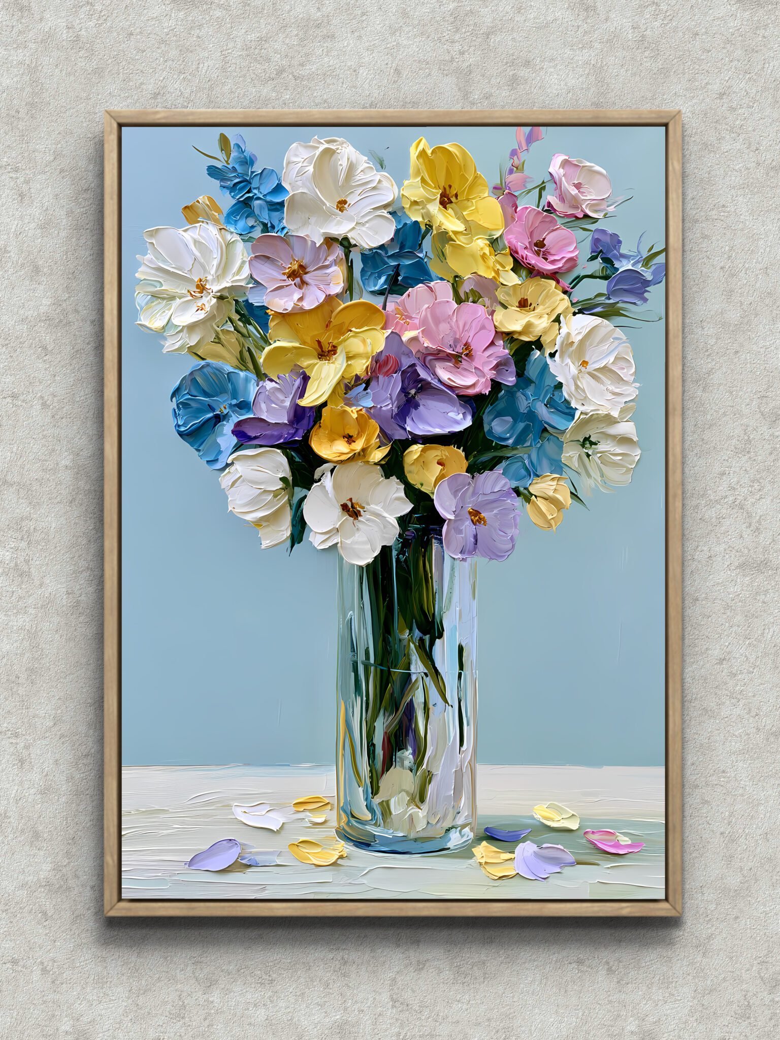 soft-blue-bouquet-flower-vase-art-main-1-ma-10604.jpg 淡い水色の背景に色とりどりの花束と透明な花瓶を描いたフラワーアートパネル フレーム設置イメージ