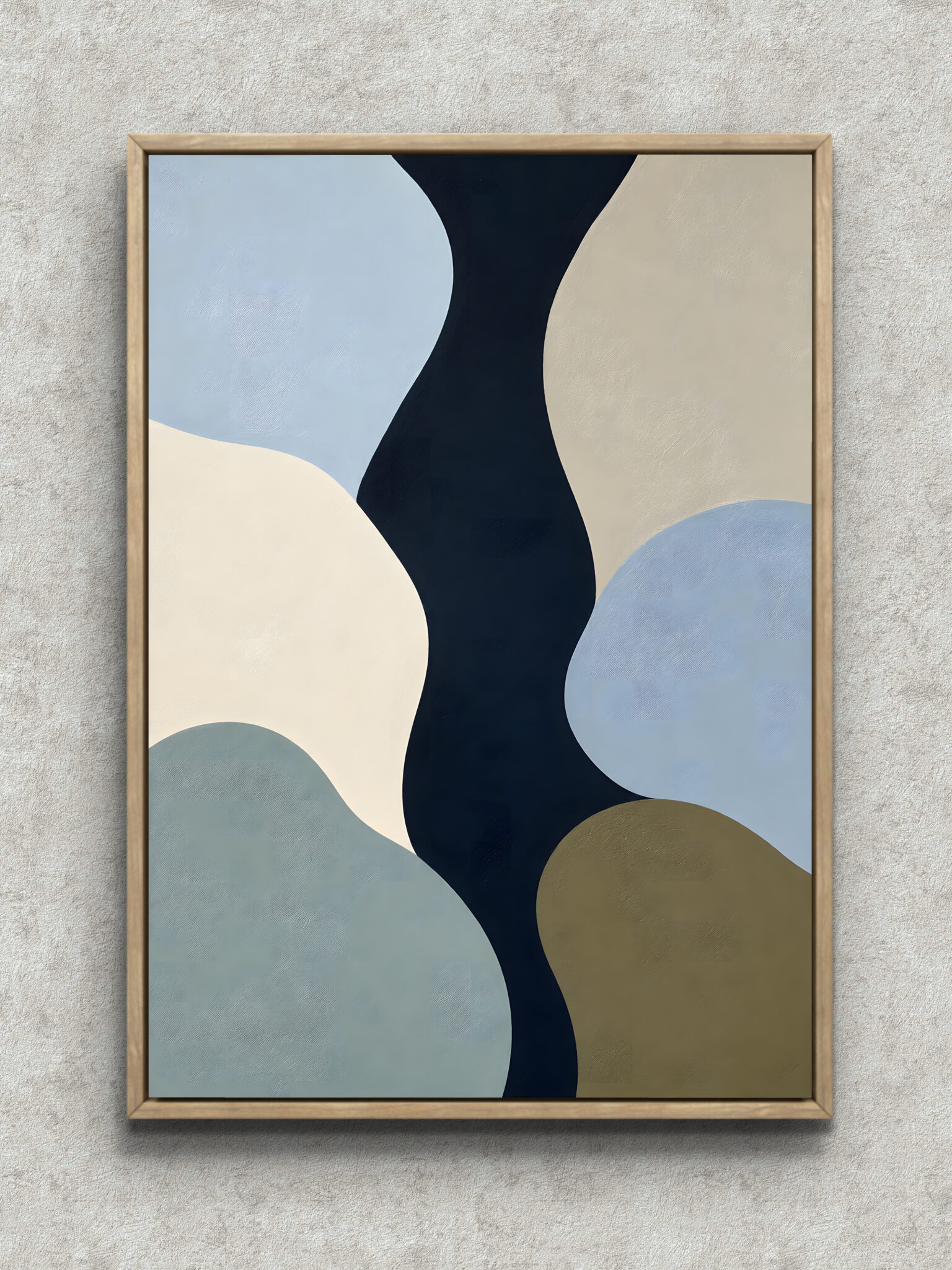 soft-blue-shadow-abstract-interior-art-main-1-ma-10696.jpg 淡い色面と濃紺の曲線が重なる縦構図の抽象 インテリアアート フレーム設置イメージ
