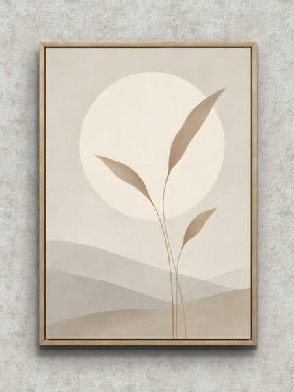 やわらかな円形の光と細い葉のシルエットを描いた植物 インテリアアート フレーム設置イメージ
