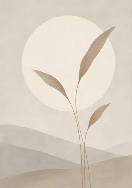 やわらかな円形の光と細い葉のシルエットを描いた植物 インテリアアート