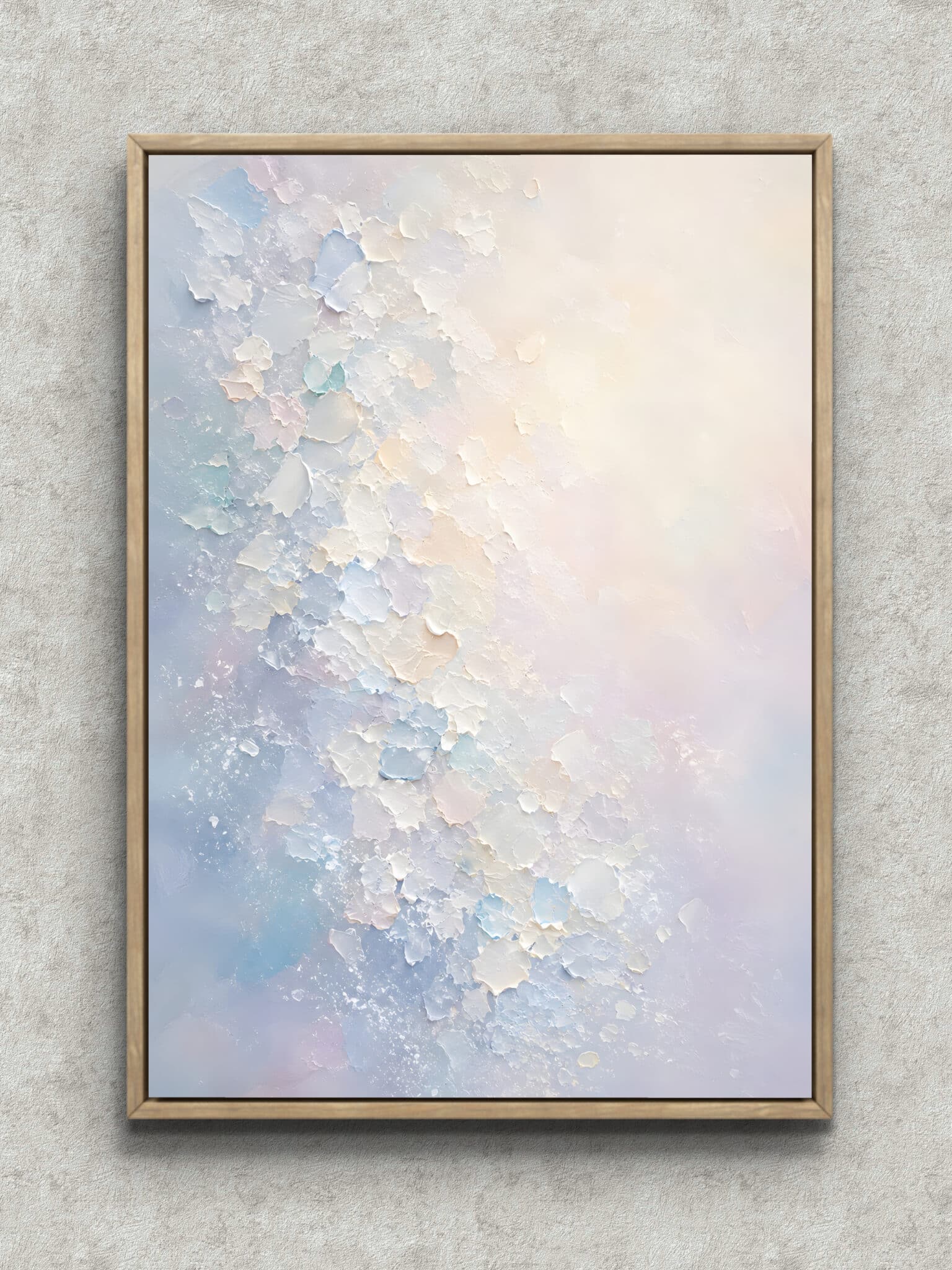 soft-crystal-white-blue-abstract-interior-art-main-1-ma-10776.jpg 白と淡い水色の層が斜めに重なる抽象 インテリアアート フレーム設置イメージ