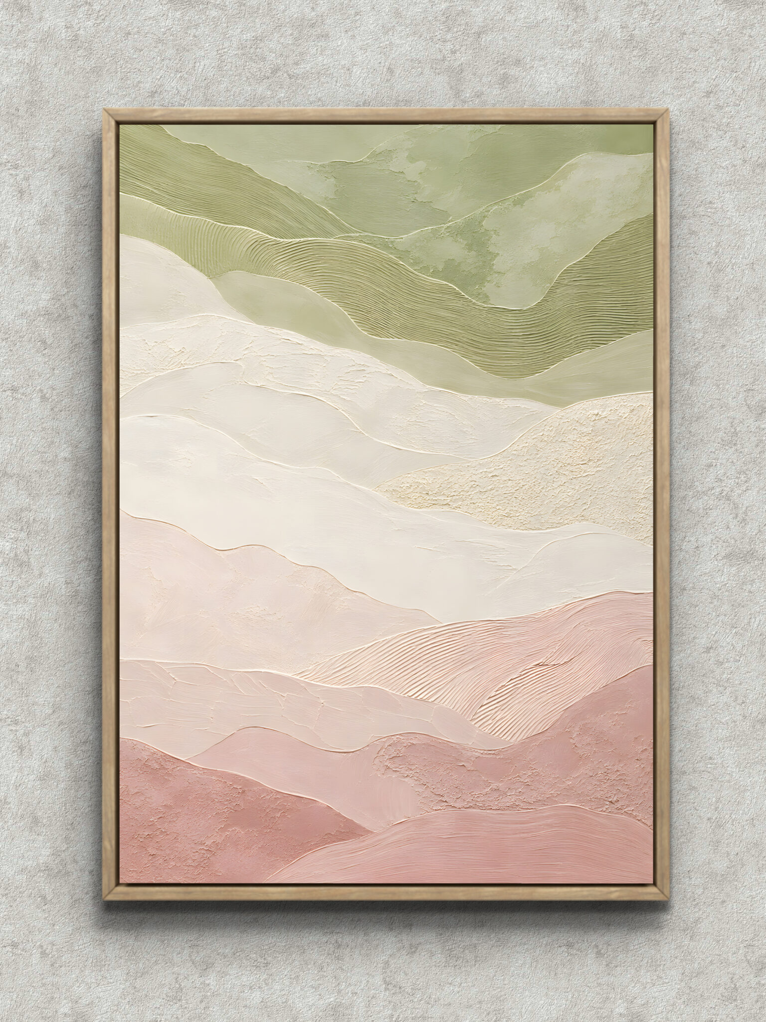soft-green-layered-abstract-interior-art-main-1-ma-10809.jpg 淡いグリーンとピンクの層が重なる縦構図の抽象 インテリアアート フレーム設置イメージ