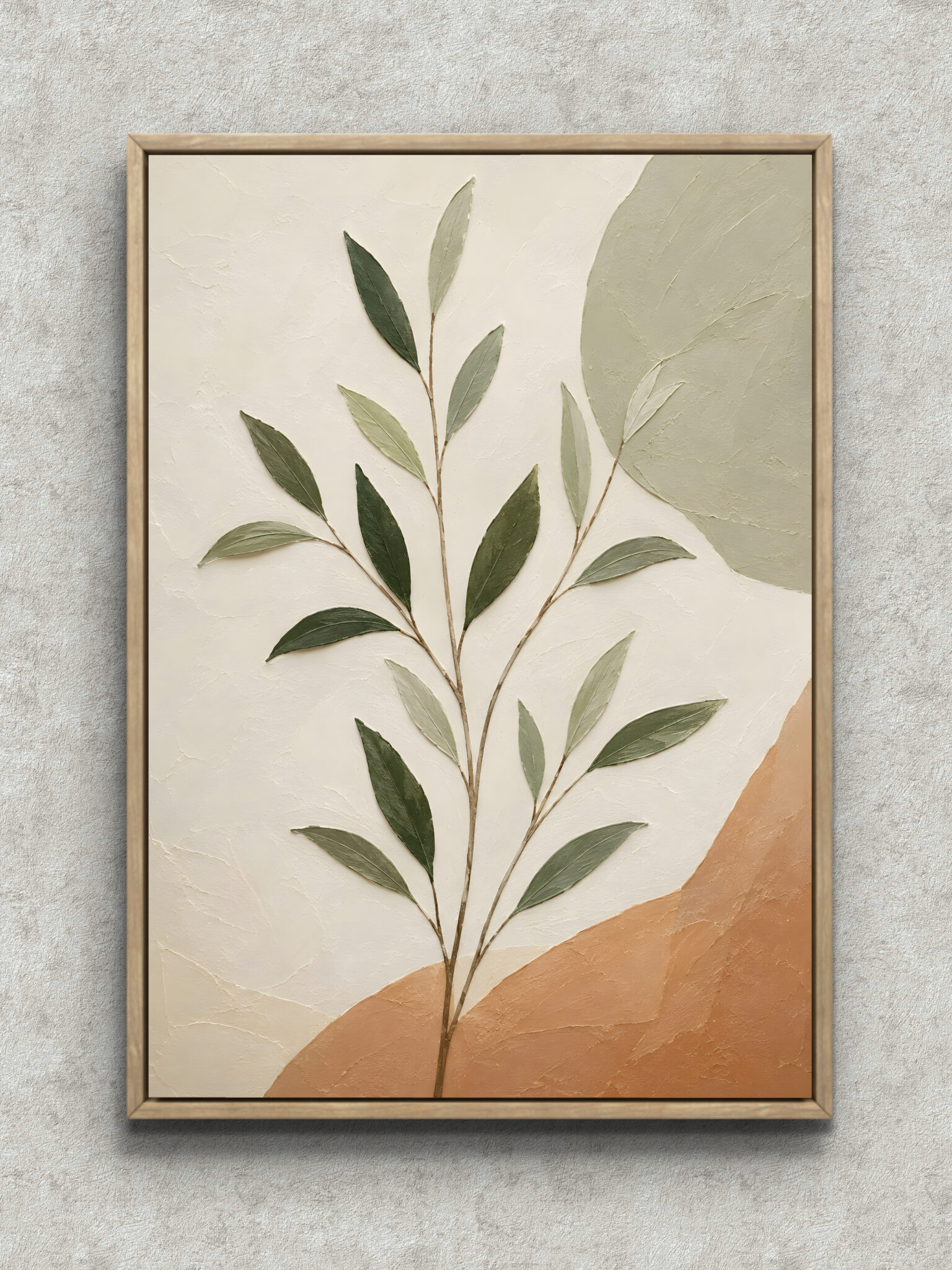 soft-green-leaf-botanical-interior-art-main-1-ma-10697.jpg 静かな枝葉を淡いベージュとグリーンで描いた植物 インテリアアート フレーム設置イメージ
