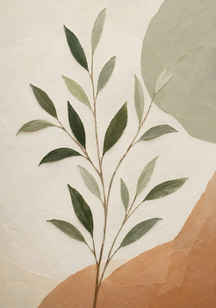 静かな枝葉を淡いベージュとグリーンで描いた植物 インテリアアート