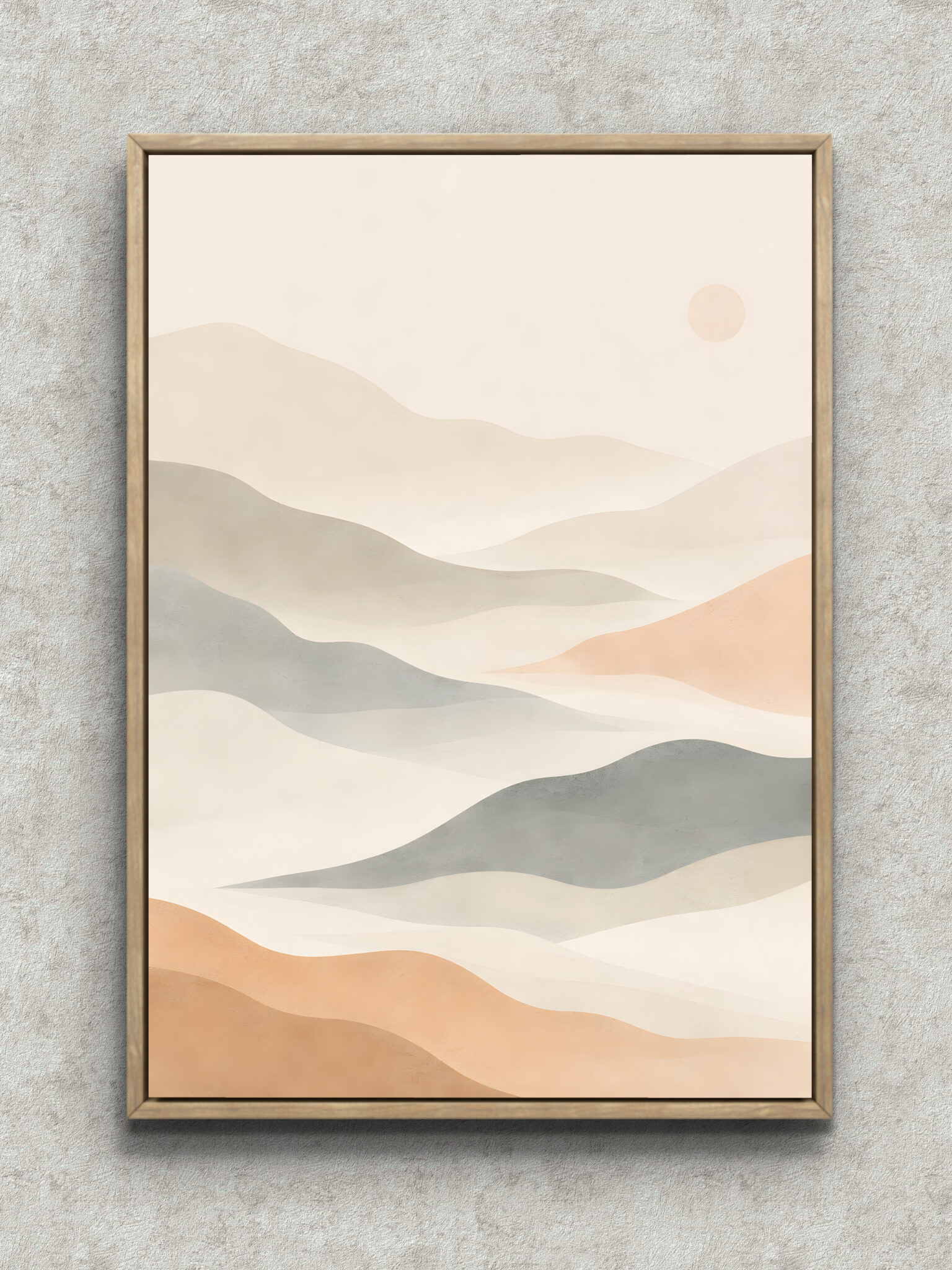 soft-hill-geometric-art-panel-main-1-ma-10630.jpg 淡い丘のような曲線と小さな円を描いたベージュの幾何学アートパネル フレーム設置イメージ