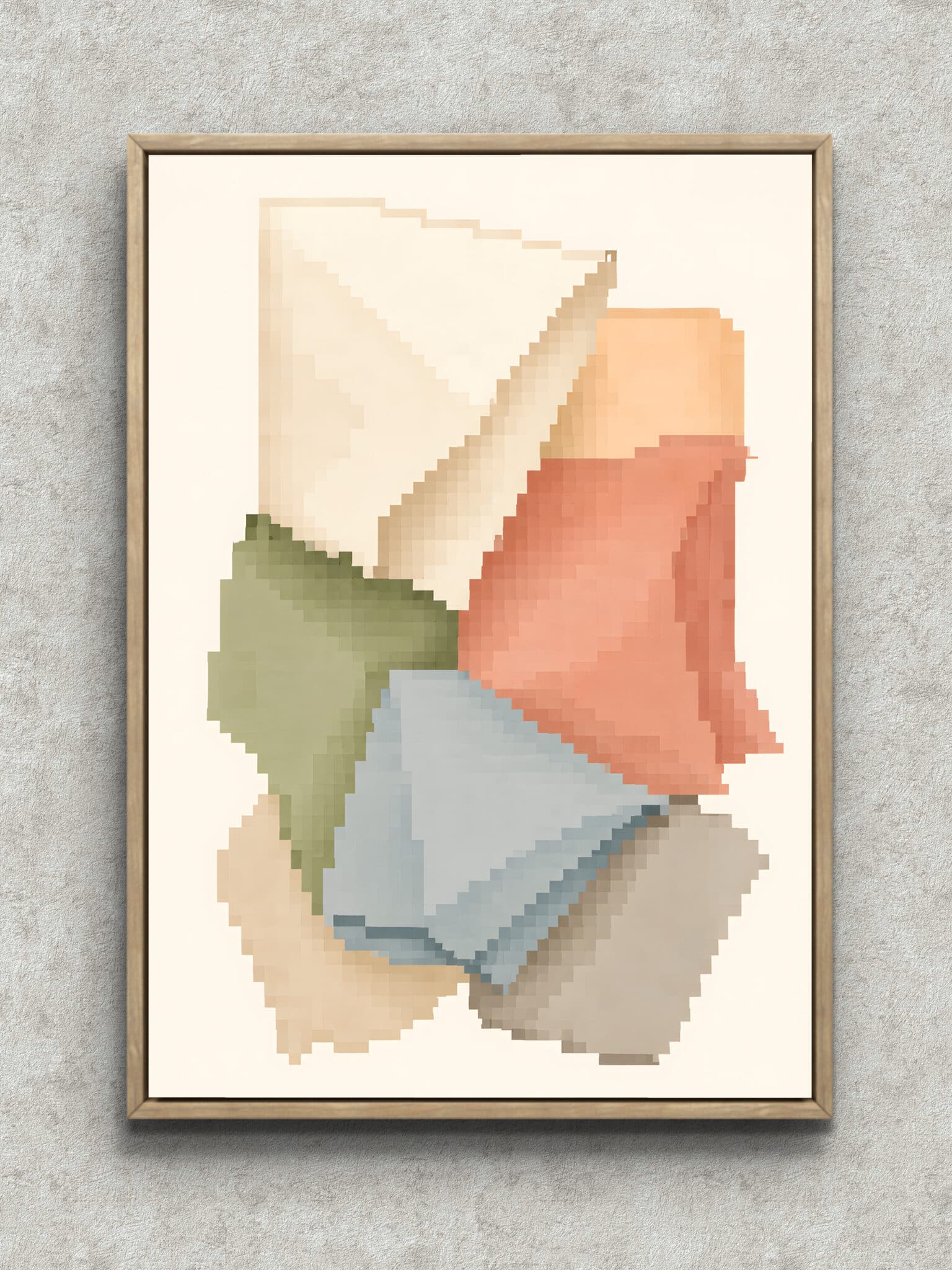soft-layered-geometric-art-panel-main-1-ma-10726.jpg 淡い色面が重なる縦長の幾何学アートパネル フレーム設置イメージ
