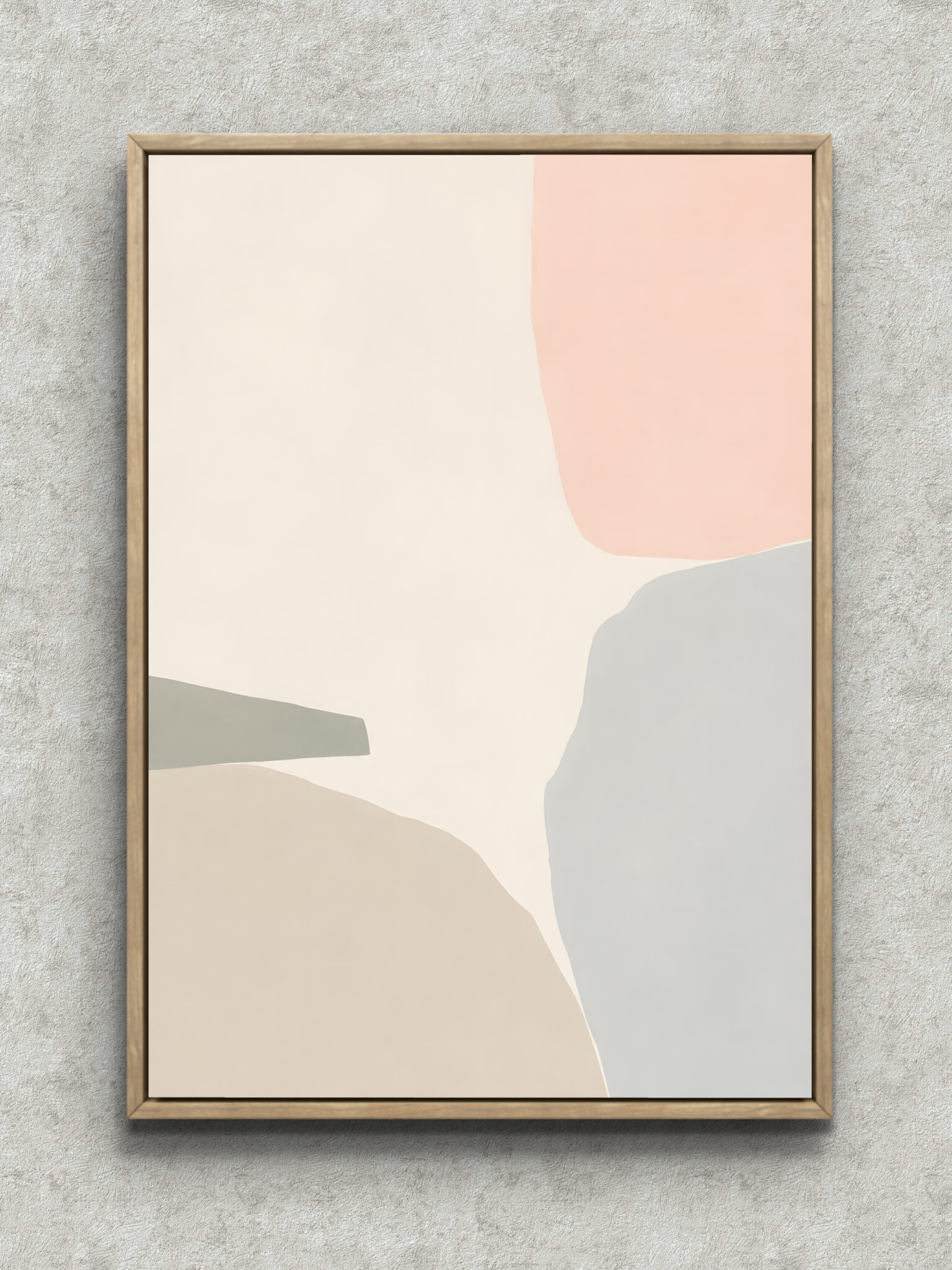 soft-neutral-abstract-interior-art-main-1-ma-10625.jpg 生成り地に淡いピンクとグレーの色面が重なる抽象 インテリアアート フレーム設置イメージ