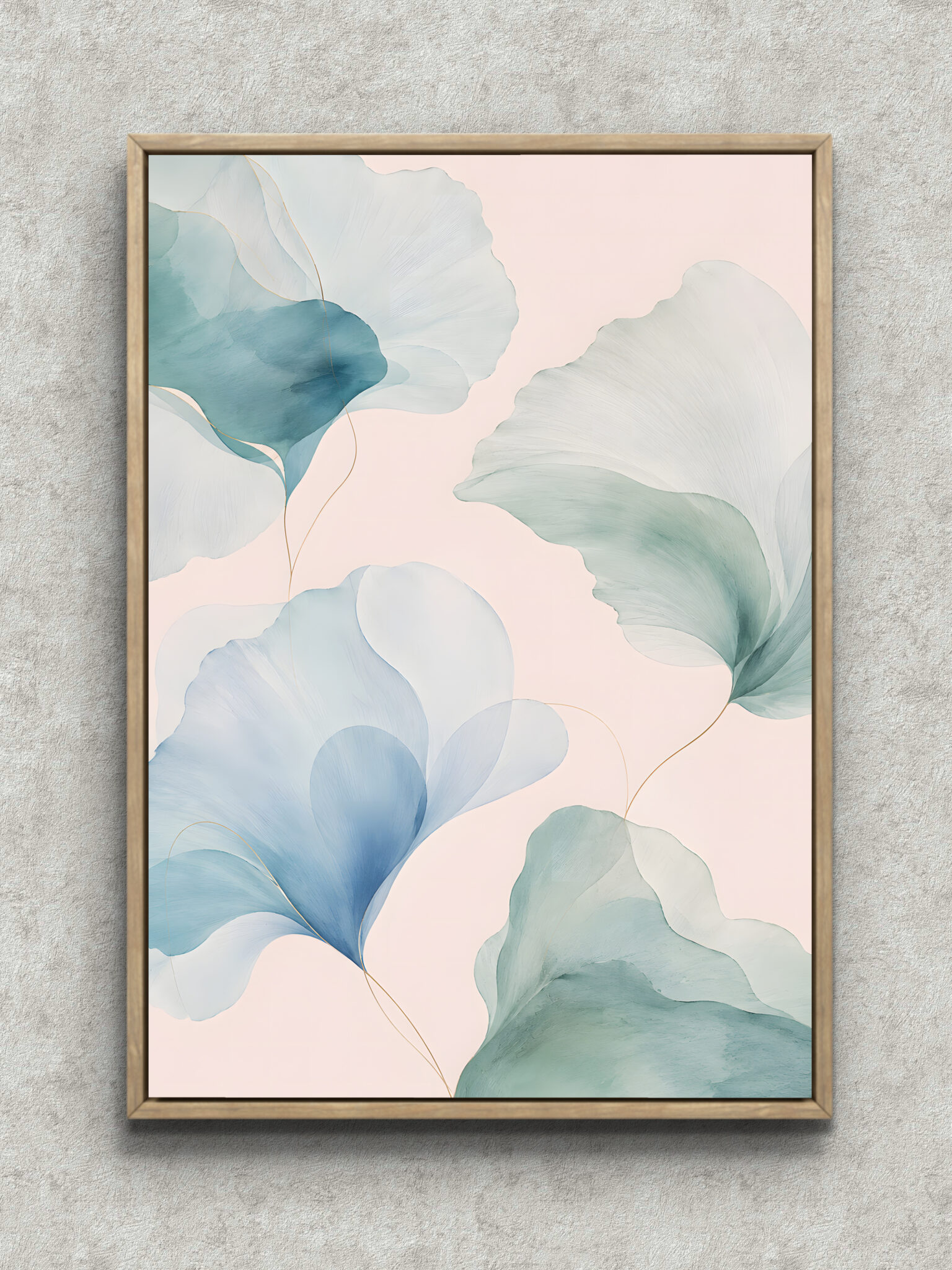 soft-pink-petal-botanical-interior-art-main-1-ma-10648.jpg 淡いピンク地に青緑と白の花びらが重なる植物 インテリアアート フレーム設置イメージ