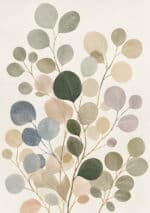 丸い葉と細い枝を淡色で描いた植物 インテリアアート