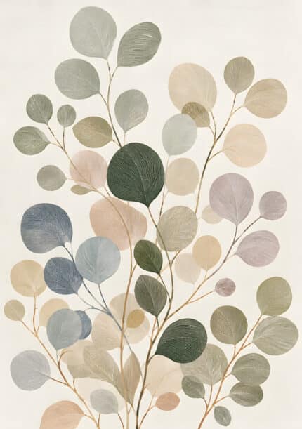 丸い葉と細い枝を淡色で描いた植物 インテリアアート