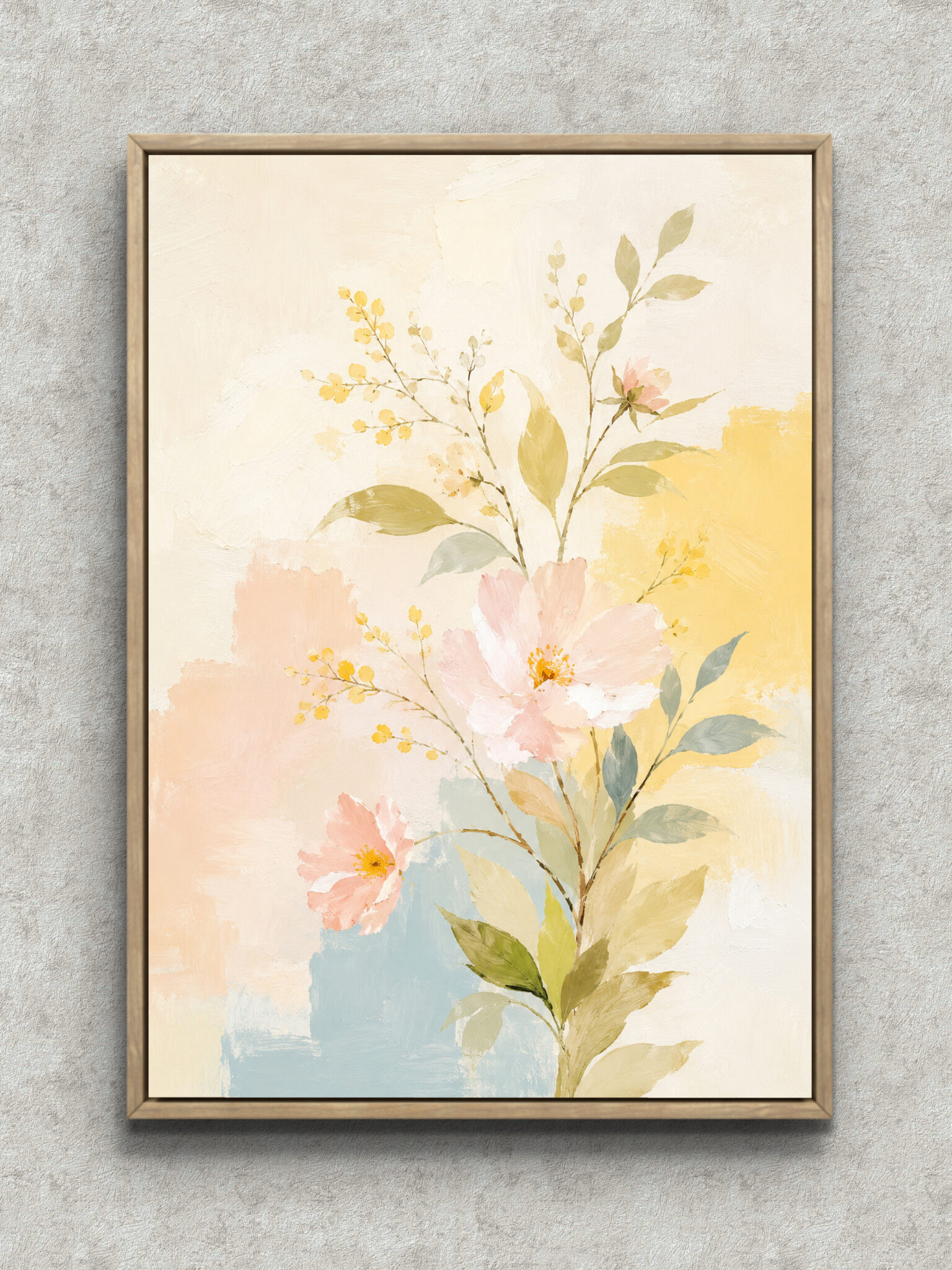 soft-spring-botanical-interior-art-main-1-ma-10617.jpg 淡い花と枝葉を描いた植物 インテリアアート フレーム設置イメージ