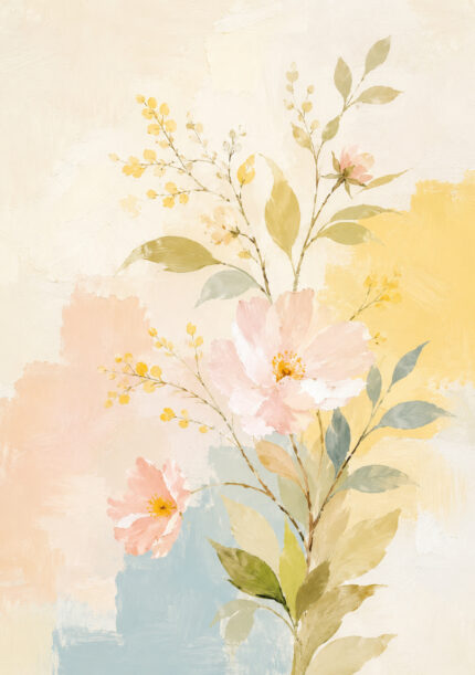 淡い花と枝葉を描いた植物 インテリアアート