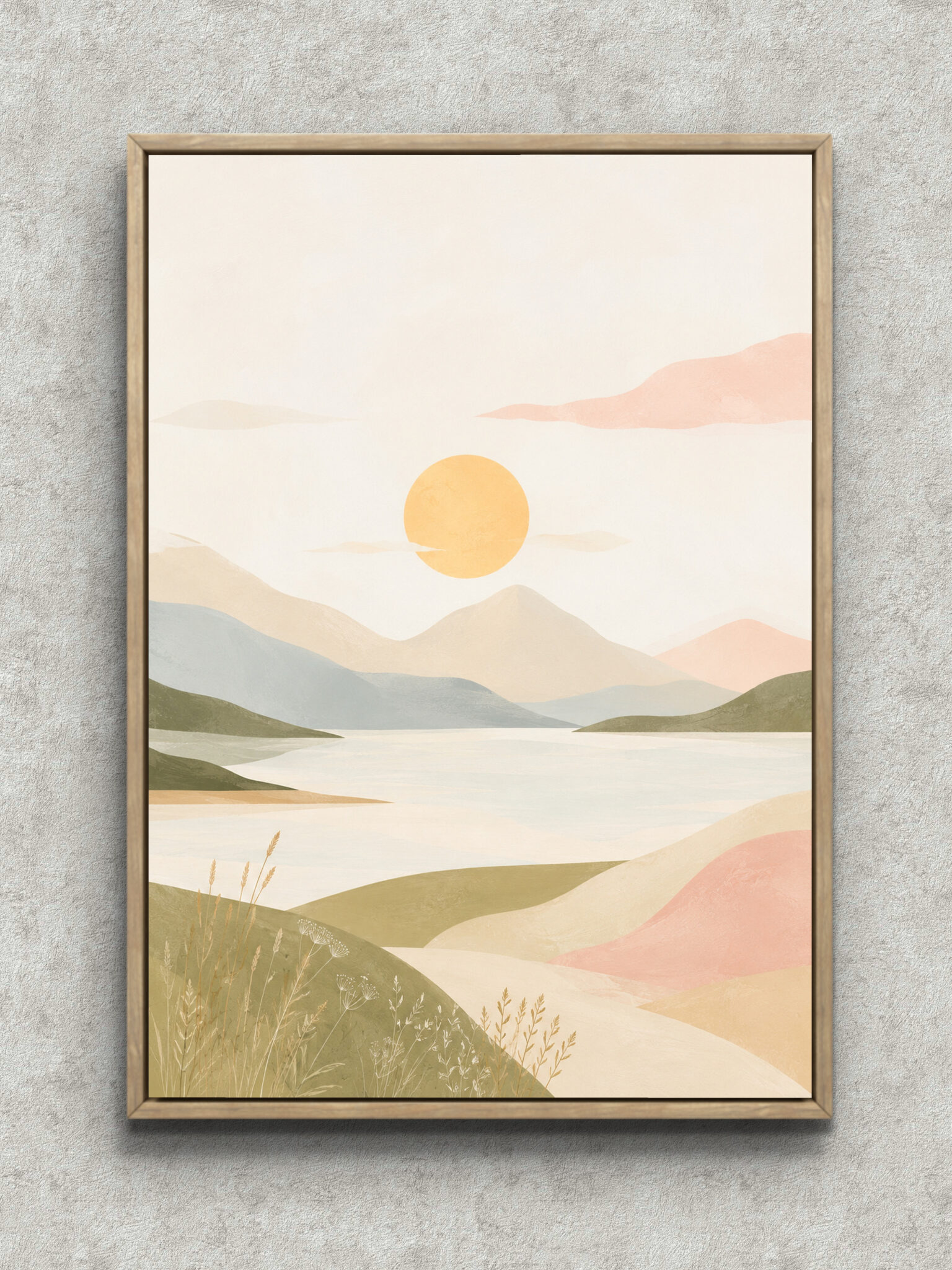soft-sun-hillside-abstract-interior-art-main-1-ma-10621.jpg 淡い太陽と丘、水辺を重ねたやさしい抽象 インテリアアート フレーム設置イメージ