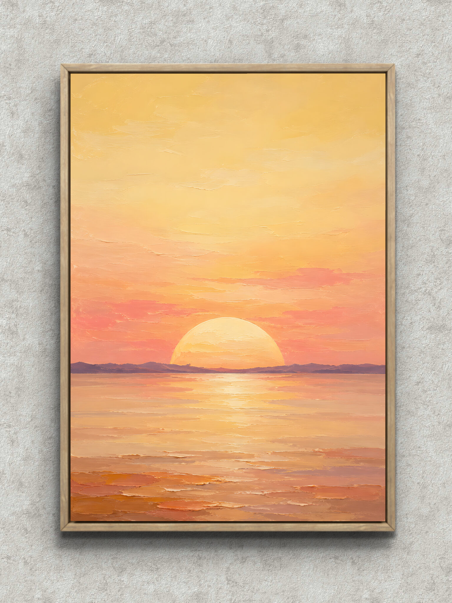 soft-sunset-sea-abstract-interior-art-main-1-ma-10834.jpg 淡い黄とピンクで沈む太陽と海面を描いた縦構図の抽象風景アートパネル フレーム設置イメージ