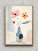 三つの花と花瓶を淡色で描いた植物 インテリアアート フレーム設置イメージ