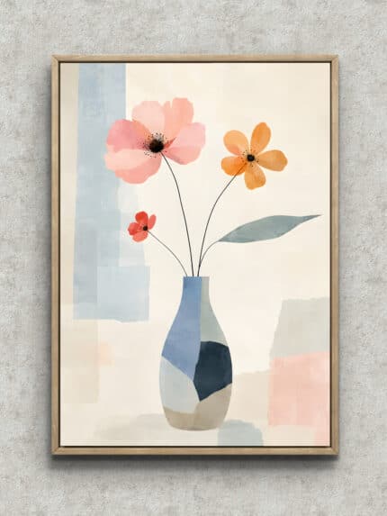 三つの花と花瓶を淡色で描いた植物 インテリアアート フレーム設置イメージ