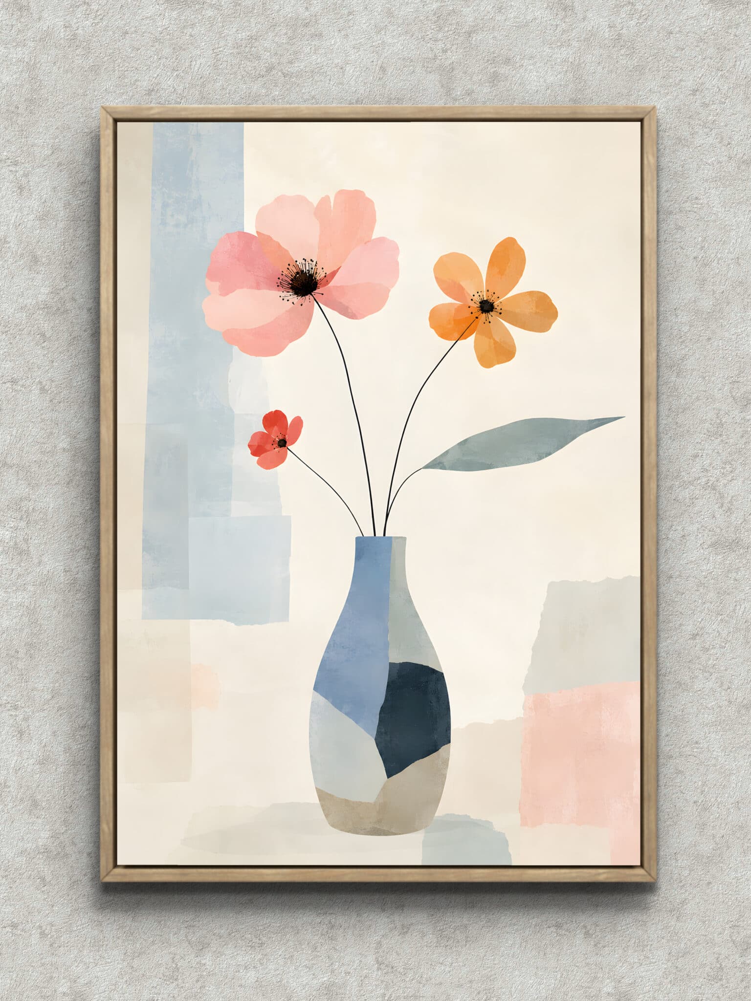 soft-vase-three-flowers-interior-art-main-1-ma-10750.jpg 三つの花と花瓶を淡色で描いた植物 インテリアアート フレーム設置イメージ