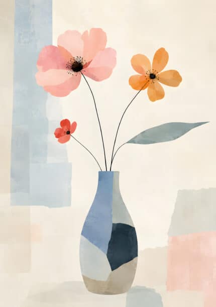 三つの花と花瓶を淡色で描いた植物 インテリアアート