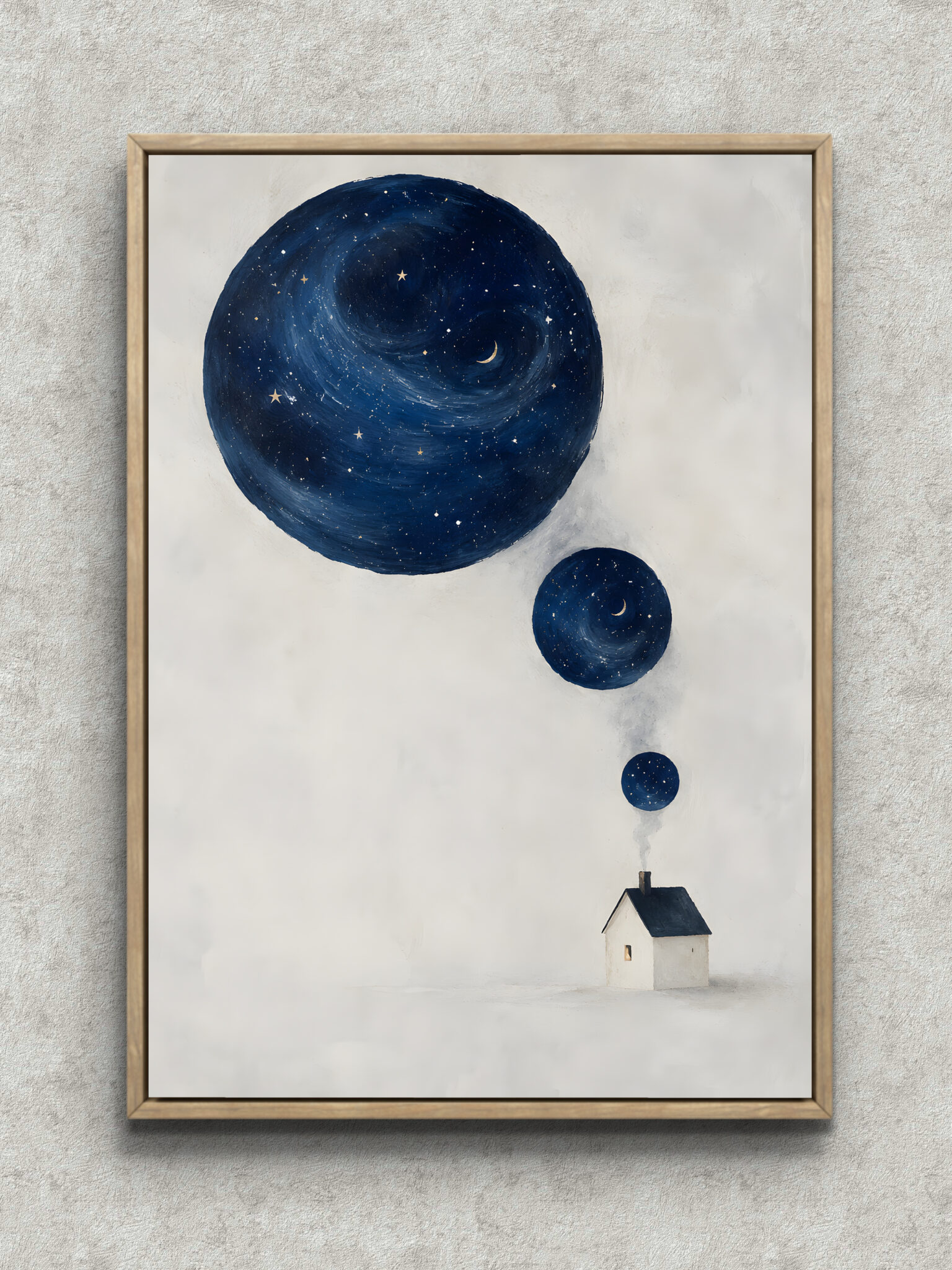 starry-circle-house-geometric-art-panel-main-1-ma-10675.jpg 星空の円と小さな家を描いた濃紺の幾何学アートパネル フレーム設置イメージ