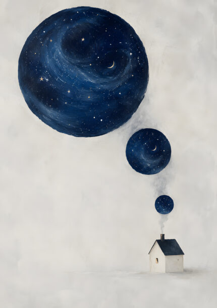 星空の円と小さな家を描いた濃紺の幾何学アートパネル