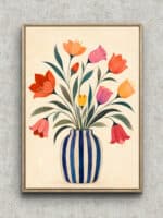 しま模様の花瓶から色とりどりの花が広がる植物 インテリアアート フレーム設置イメージ