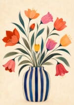 しま模様の花瓶から色とりどりの花が広がる植物 インテリアアート