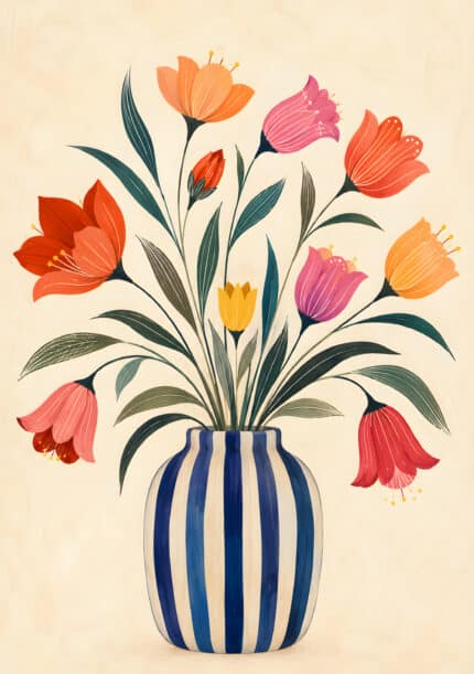しま模様の花瓶から色とりどりの花が広がる植物 インテリアアート