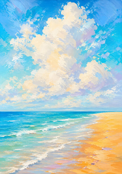 夏雲と砂浜の海景を描いた白と青の風景アートパネル