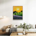 リビングに飾った夕陽の丘と花畑の風景アートパネル 設置イメージ 1