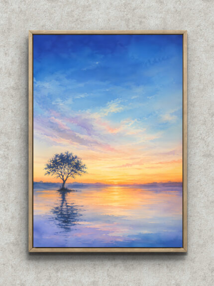 夕空と湖面に映る一本木を描いた空 絵画のアートパネル フレーム設置イメージ