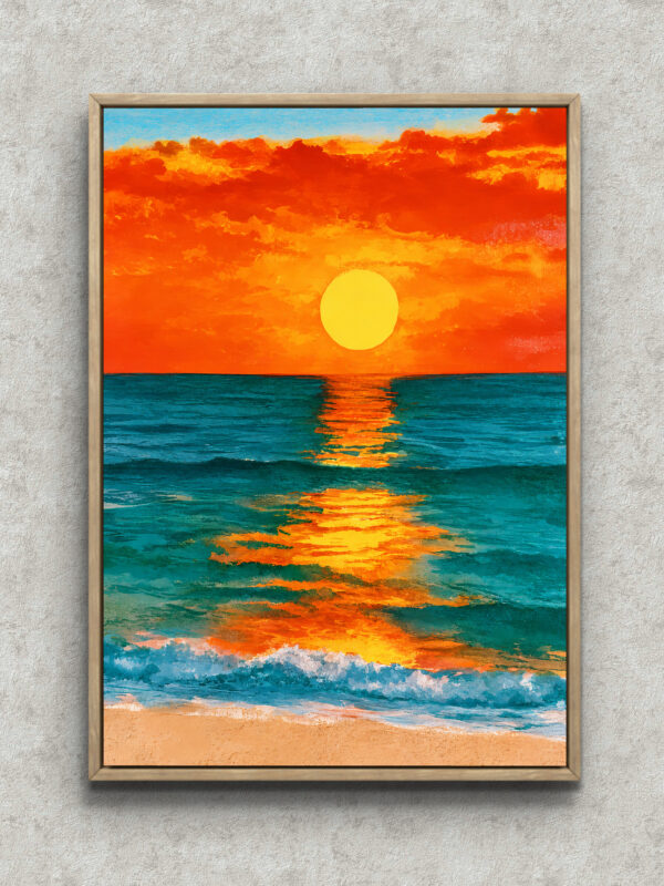 海 絵画｜夕日の反射光が映える海辺の風景