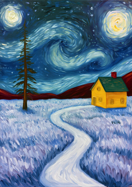 渦巻く深い青の夜空と雪原の道、小さな黄色い家を描いた青い風景 アートパネル
