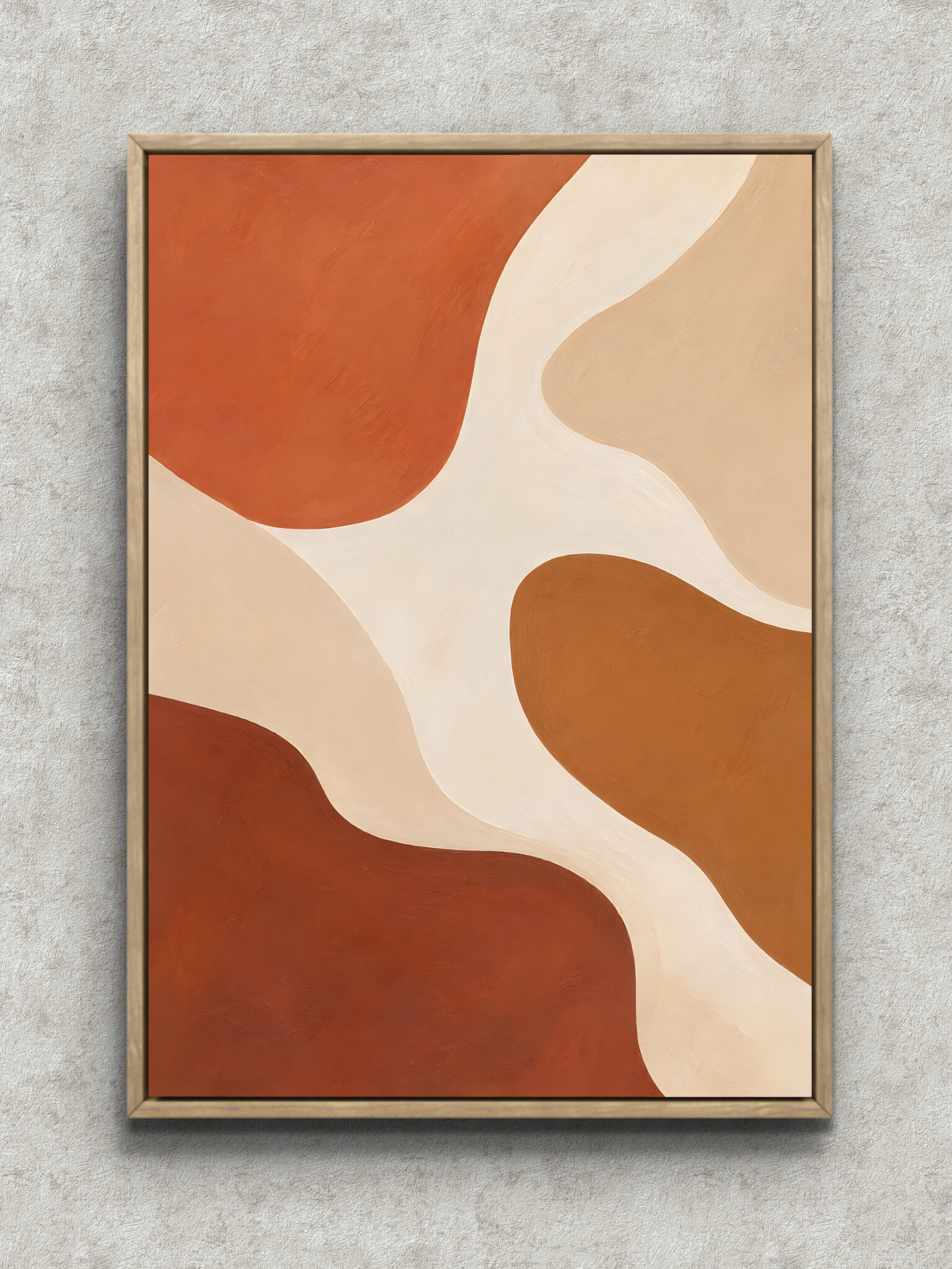 terracotta-cream-curved-abstract-interior-art-main-1-ma-10674.jpg テラコッタと生成りの曲線が重なる抽象 インテリアアート フレーム設置イメージ
