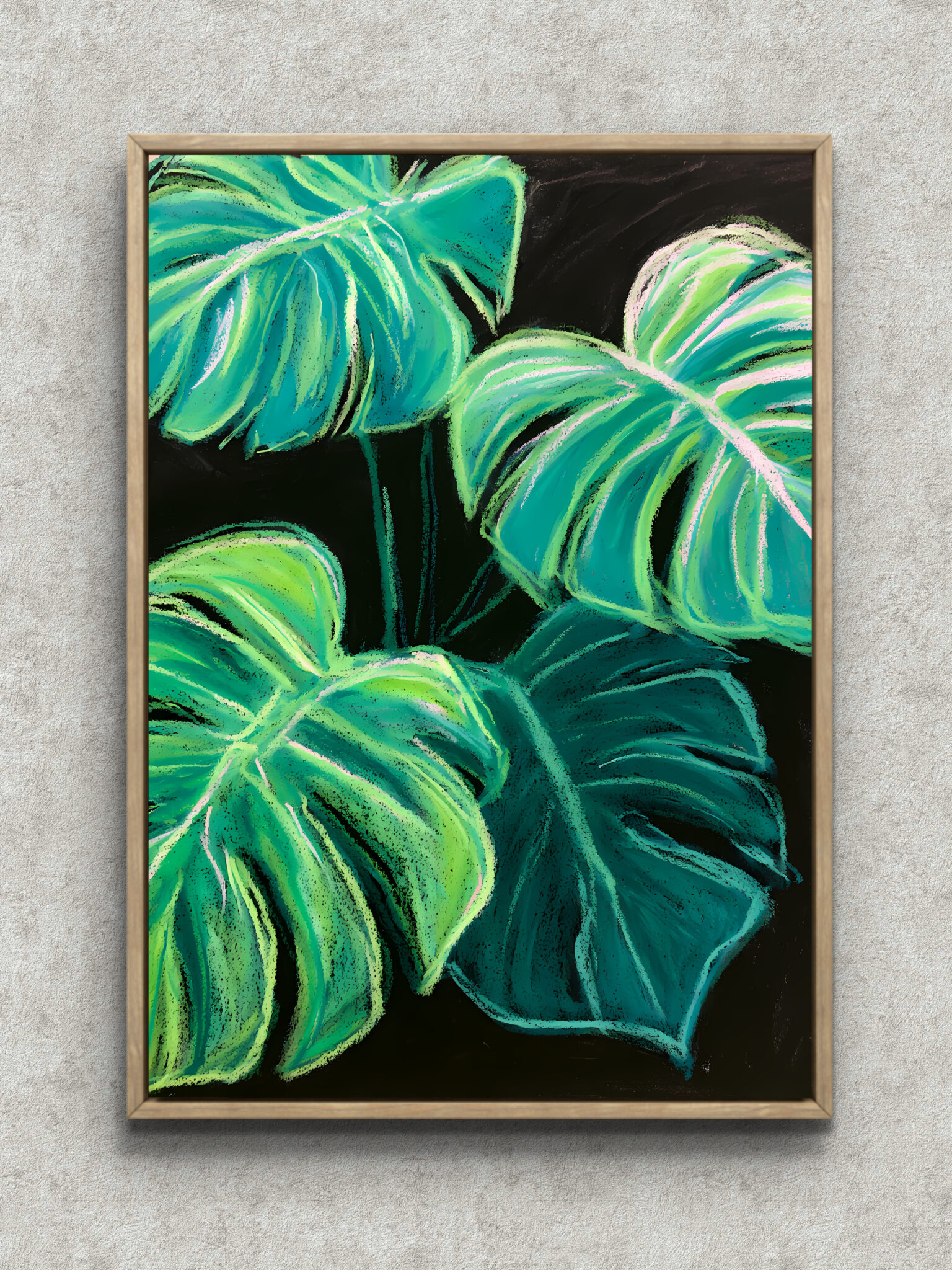 turquoise-tropical-leaf-interior-art-main-1-ma-10591.jpg 黒地にターコイズの大きな葉が重なる植物 インテリアアート フレーム設置イメージ