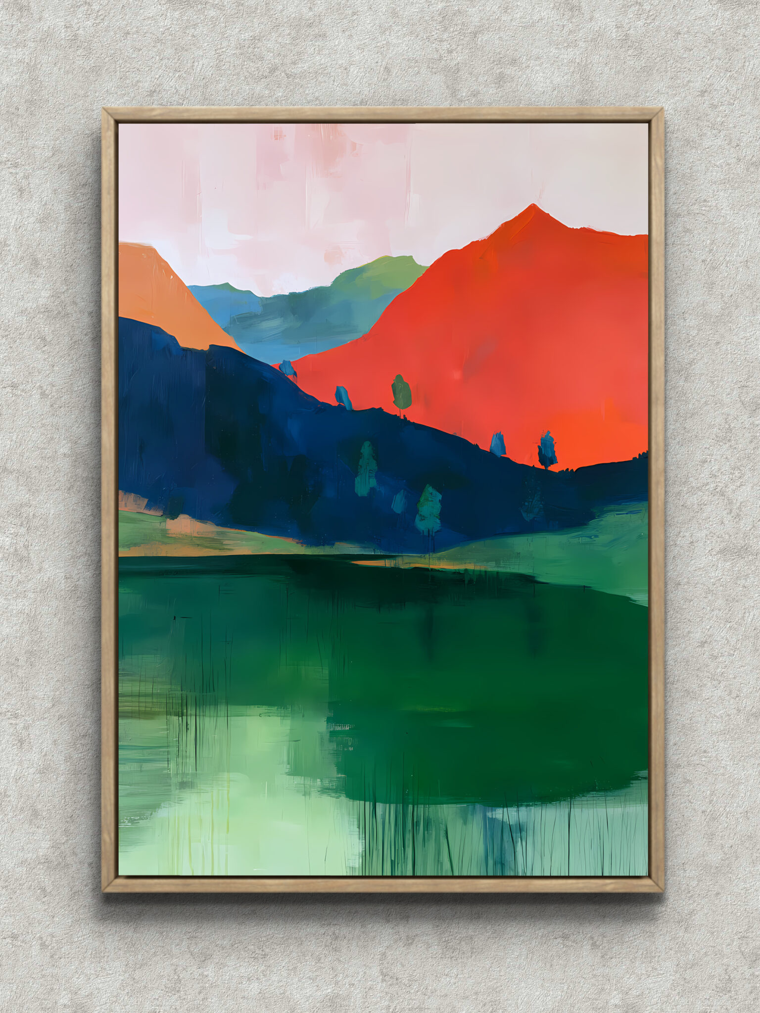 vermilion-mountain-teal-hills-abstract-interior-art-main-1-ma-10610.jpg 朱赤の山並みと青緑の丘が重なる抽象 インテリアアート フレーム設置イメージ
