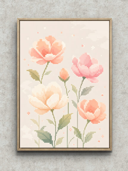 ピンクとクリームの花をピクセル調で描いたヴィンテージ リーフ アートパネル フレーム設置イメージ