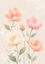 ピンクとクリームの花をピクセル調で描いたヴィンテージ リーフ アートパネル