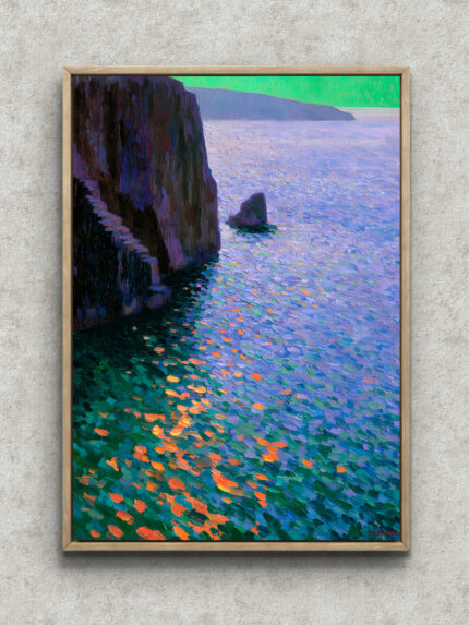 青紫の海と崖、橙の反射光を描いた幻想的な海 絵画の海 絵画のアートパネル フレーム設置イメージ