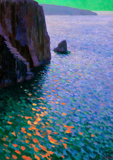 青紫の海と崖、橙の反射光を描いた幻想的な海 絵画の海 絵画のアートパネル