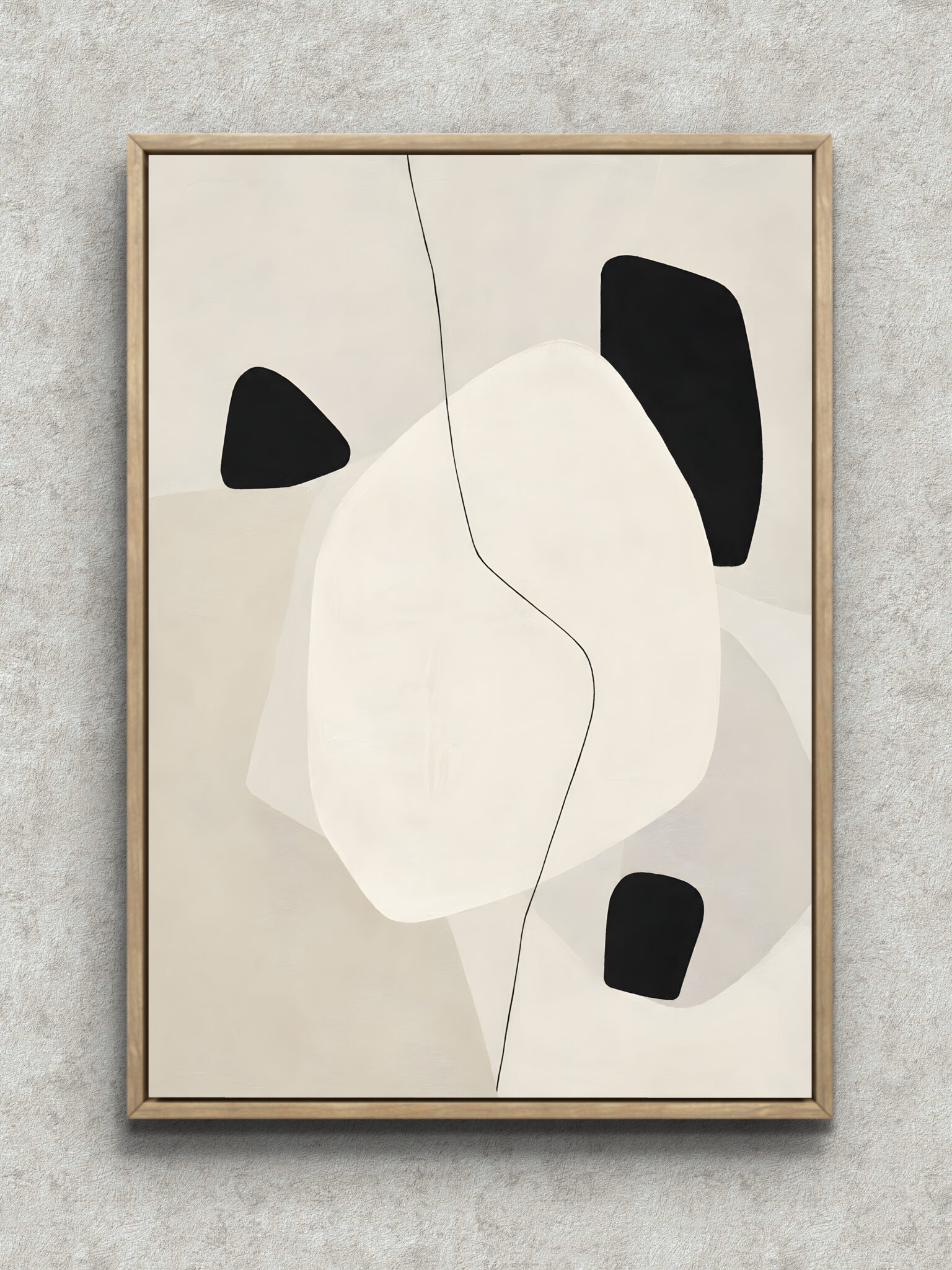 white-black-balanced-abstract-interior-art-main-1-ma-10663.jpg 白地に黒と生成りの曲線形を重ねたミニマルな抽象 インテリアアート フレーム設置イメージ