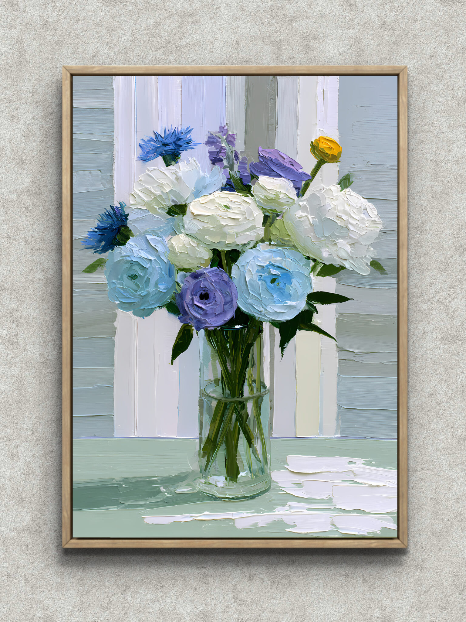white-bouquet-soft-blue-interior-art-main-1-ma-10597.jpg 白いブーケと淡い青が重なる花瓶のフラワーアートパネル フレーム設置イメージ