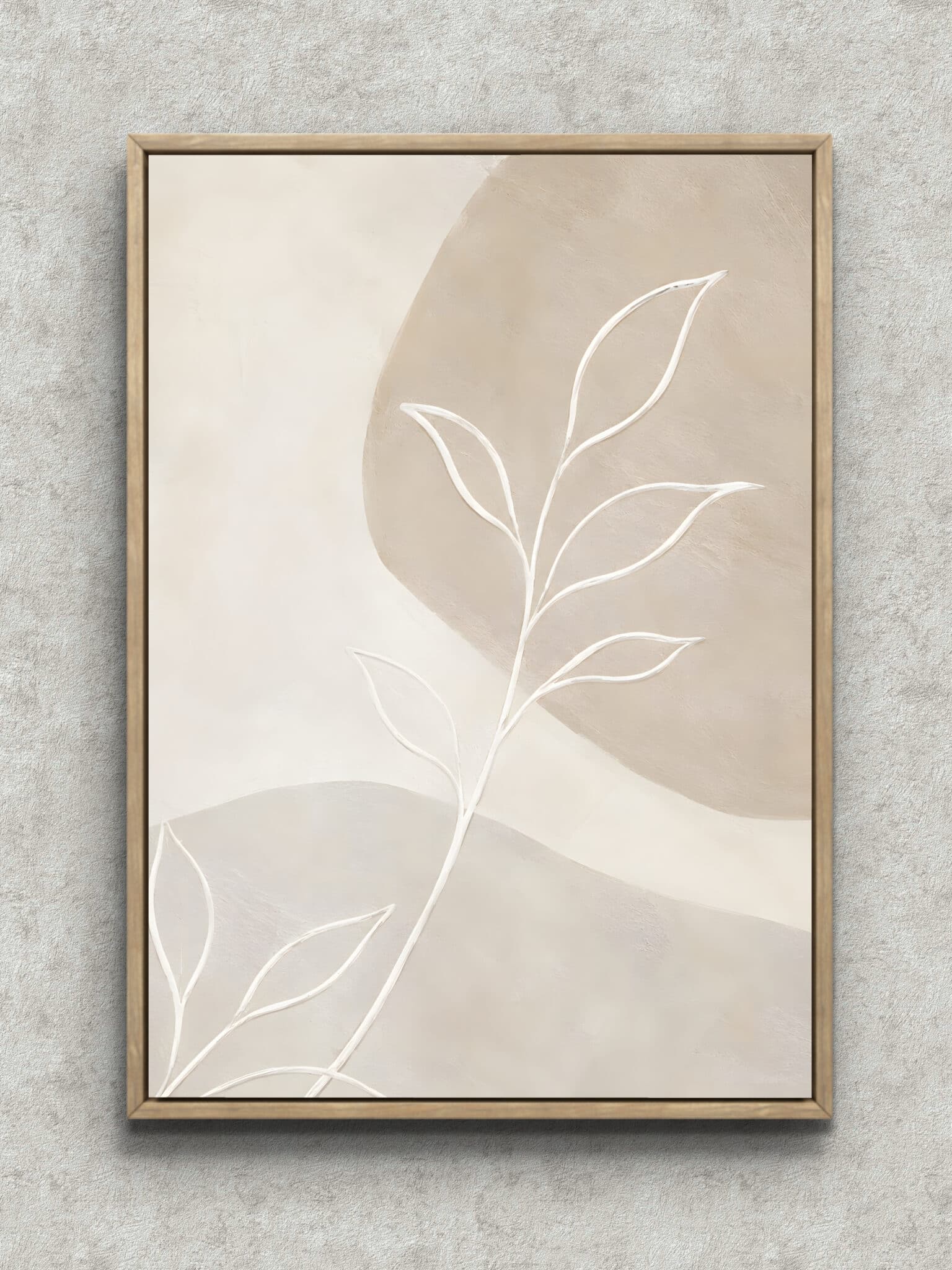 white-branch-sand-minimal-botanical-art-main-1-ma-10777.jpg 白い枝葉のラインと淡いベージュの曲面で描いた植物 インテリアアート フレーム設置イメージ