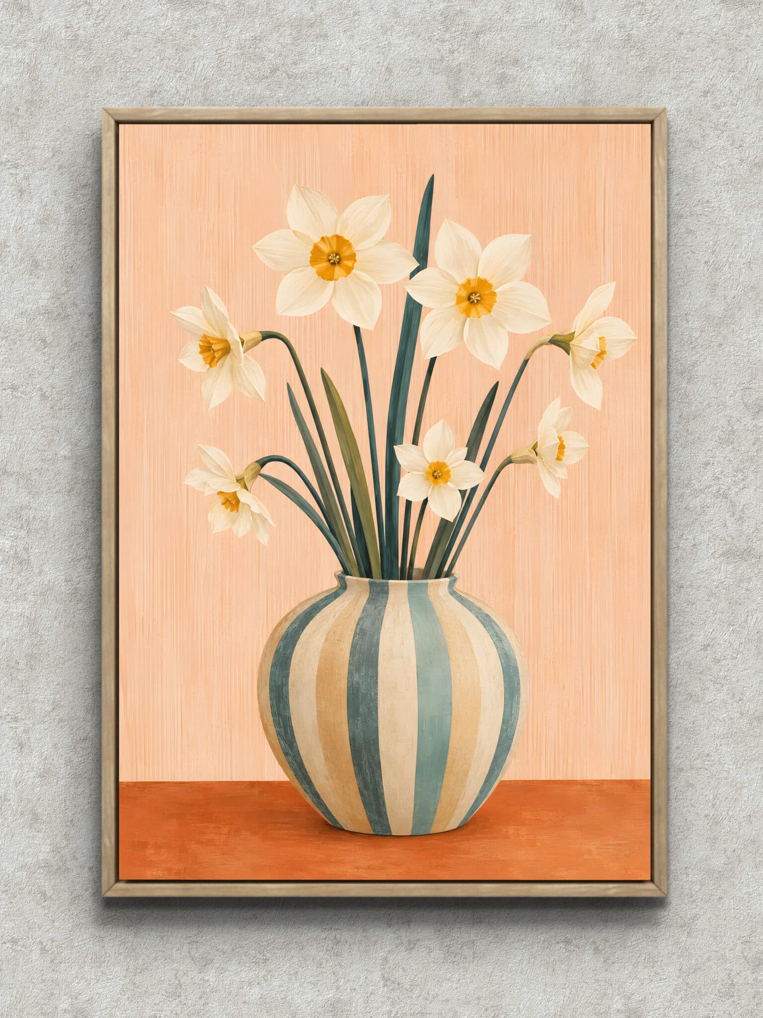 white-daffodil-striped-vase-interior-art-main-1-ma-10753.jpg 白い水仙と縞の花瓶を描いた植物 インテリアアート フレーム設置イメージ