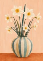 白い水仙と縞の花瓶を描いた植物 インテリアアート