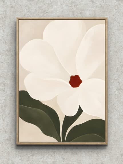 白い大輪の花と深緑の葉を描いた植物 インテリアアート フレーム設置イメージ
